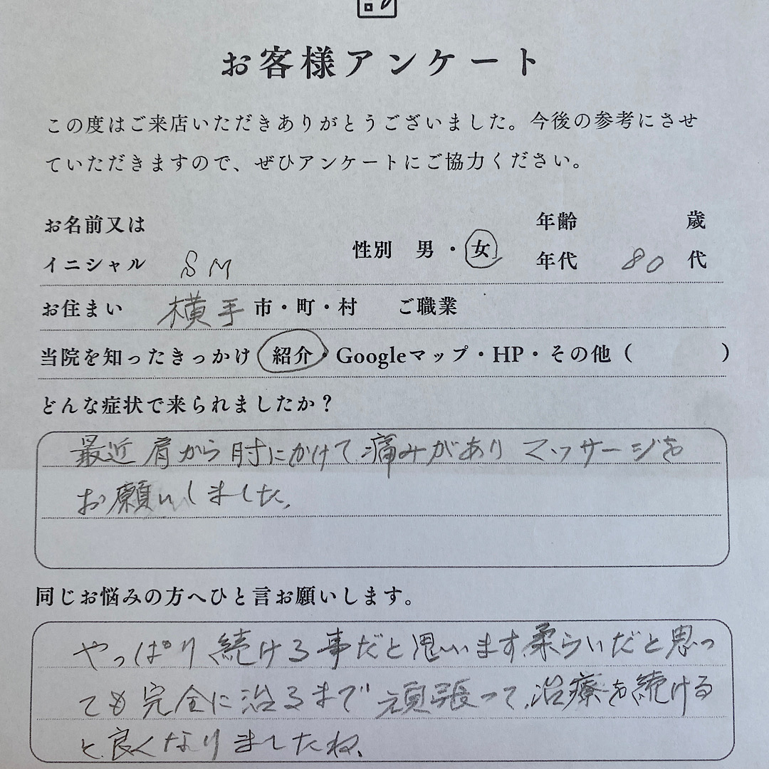 肩まわりの痛みの患者様のアンケート | 横手市の鍼灸院杉沢はりきゅう院健康美人