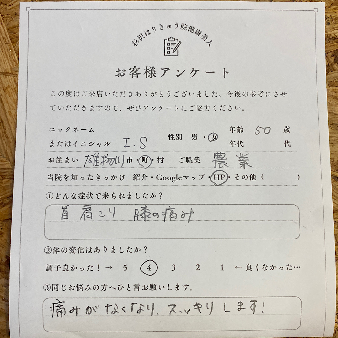 50歳農家の女性が来院され、お客様アンケートを書いてくれました。肩こり、腰痛、膝の痛みが施術後に痛みがなくなりすっきりしました。|横手市の鍼灸院杉沢はりきゅう院