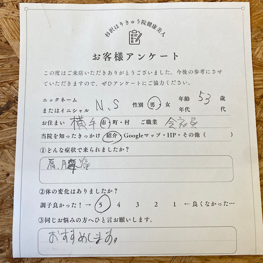 横手市会社員53歳男性のお客様の声です。肩こり腰痛で来院されました。評価も満点いただきました。オススメしますとのことです。